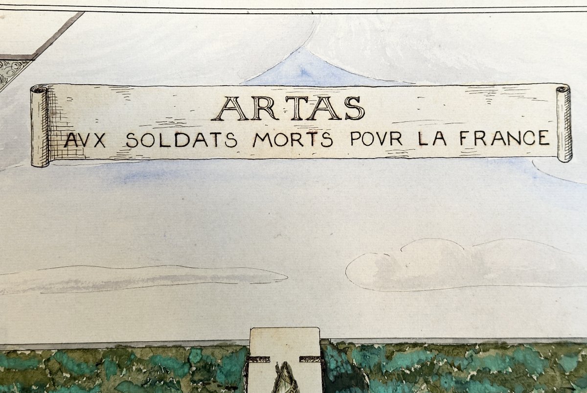 Grand Dessin Aquarelle De l'Architecte Paul Bresse Circa 1920 Pour Monument Aux Morts  d'Artas -photo-7