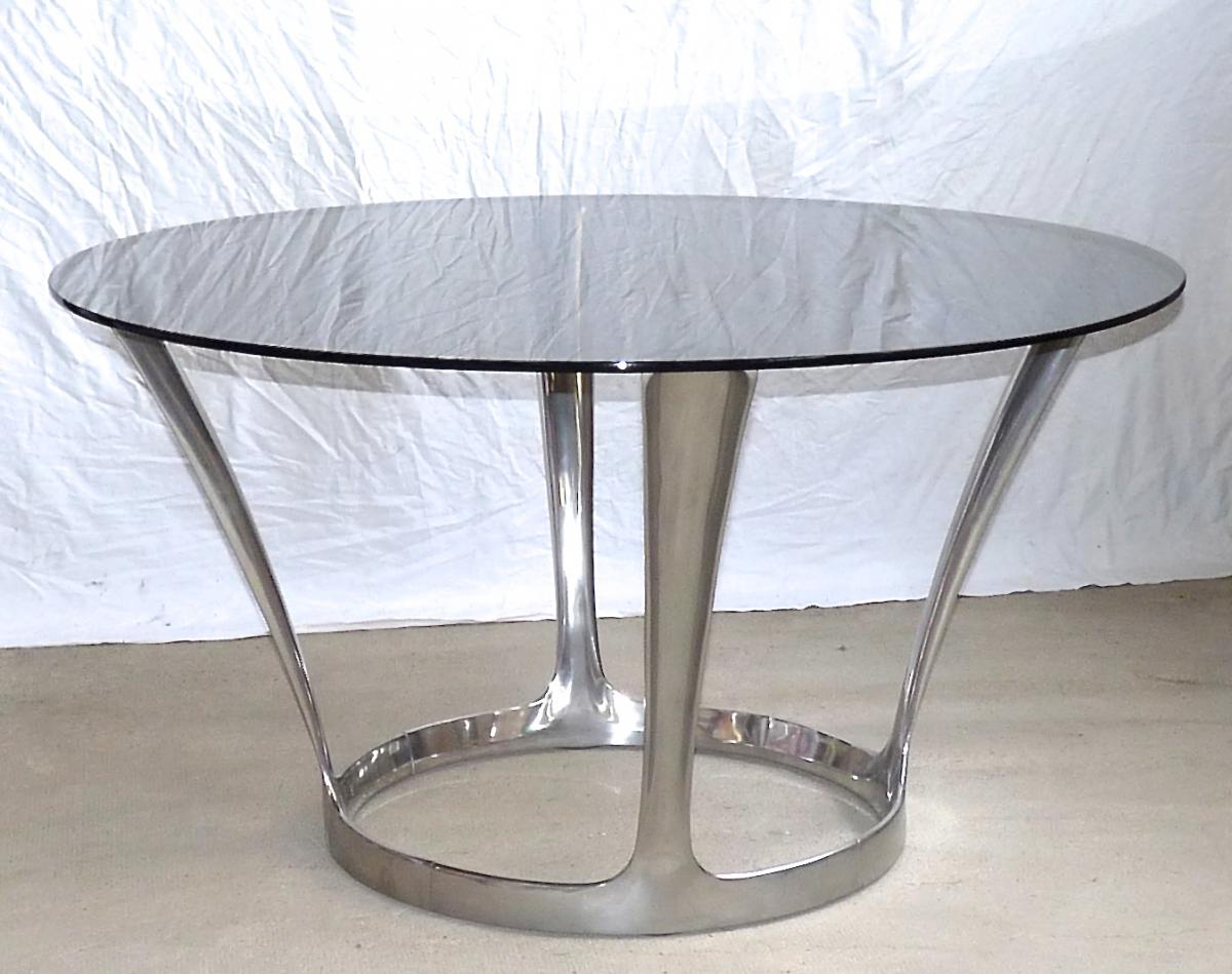 Grande Table Design Michèle Charron époque 1970 Fonte d'Aluminium Et Verre Fumé-photo-2