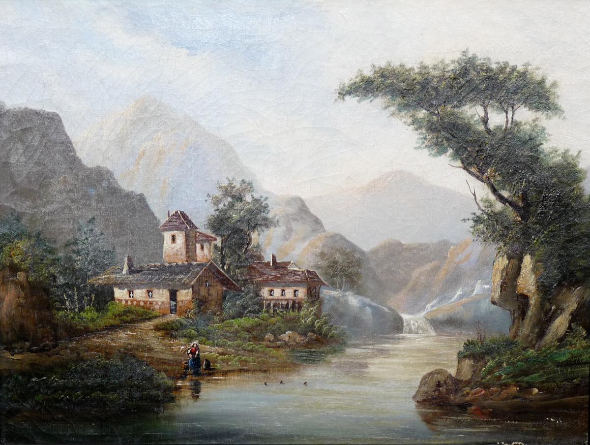 Ecole Suisse époque XIXe - Peinture à l'Huile Sur Toile - Paysage-photo-2