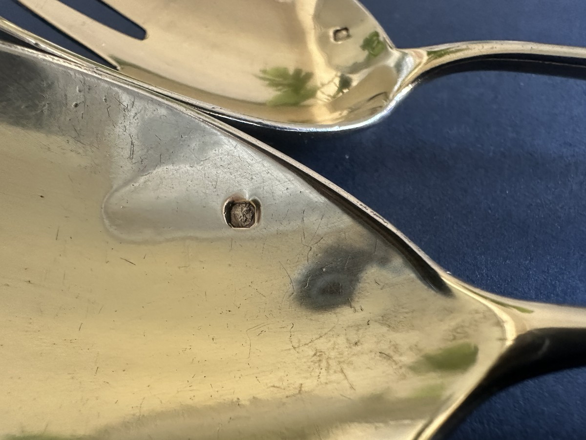 Solid Silver And Vermeil Salad Servers Signed Léon Lapar, Late 19th Century, Paris-photo-4