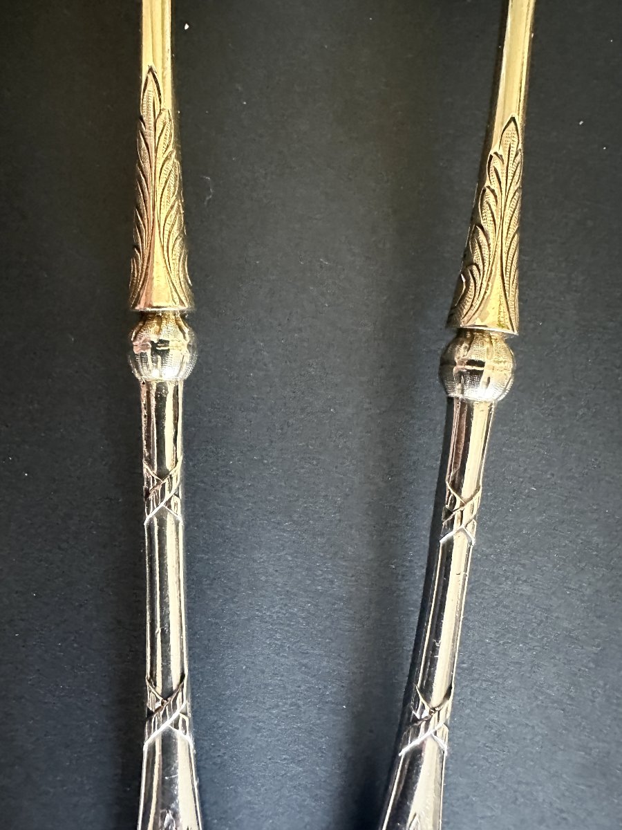 Solid Silver And Vermeil Salad Servers Signed Léon Lapar, Late 19th Century, Paris-photo-2