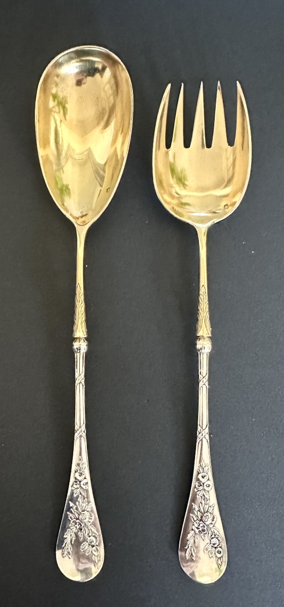 Solid Silver And Vermeil Salad Servers Signed Léon Lapar, Late 19th Century, Paris
