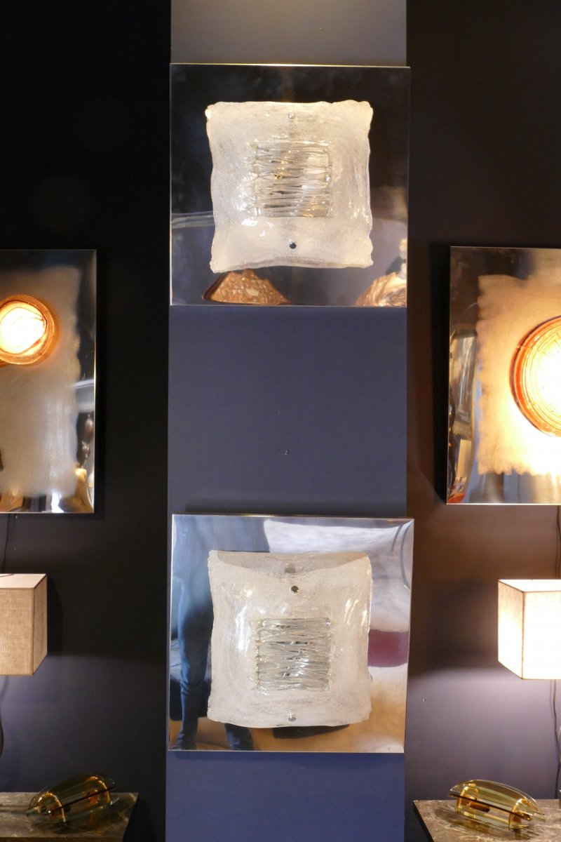 Paire De Grandes Appliques Lumineuses En Murano Design Angelo Brotto Pour Espéria époque 70