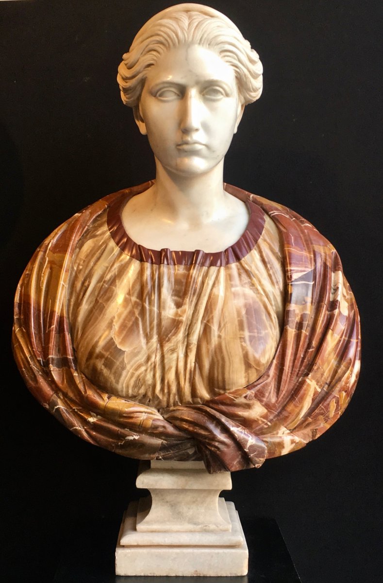 Très Beau Et Grand Buste Romain En Marbre de Carrare Et Onyx époque Vers 1900-photo-6