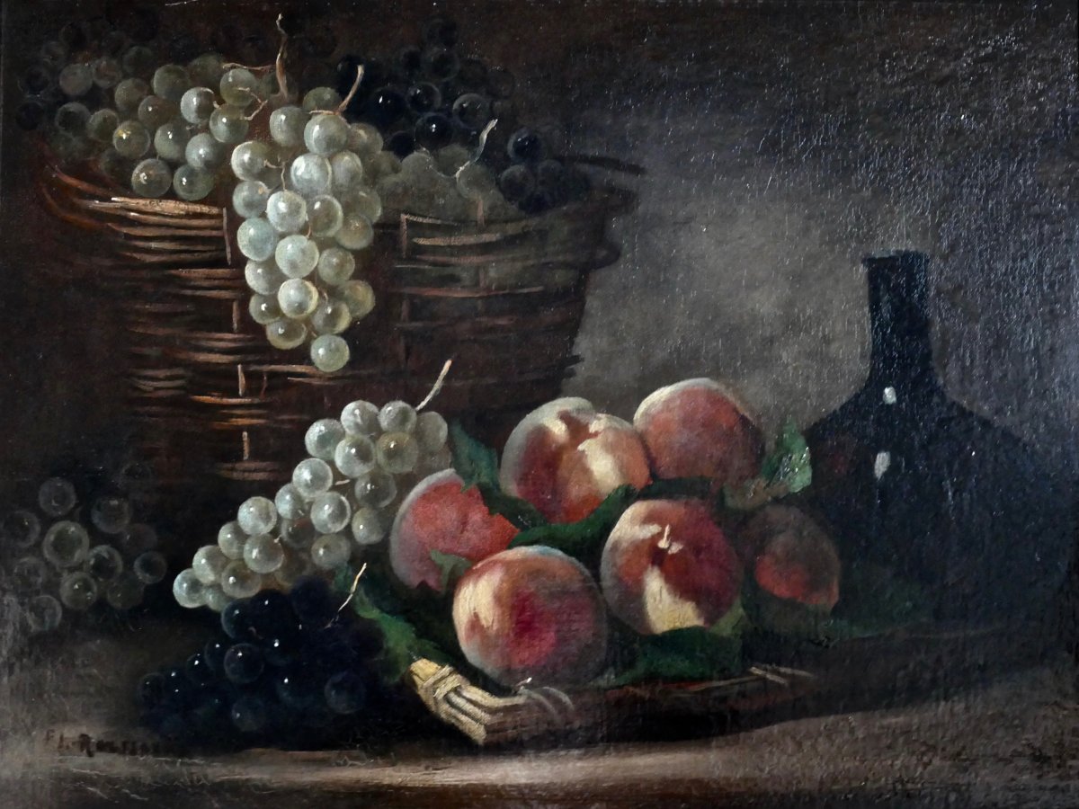 Beautiful Still Life Painting With Peaches And Grapes Signed Philippe Rousseau Around 1850-photo-3