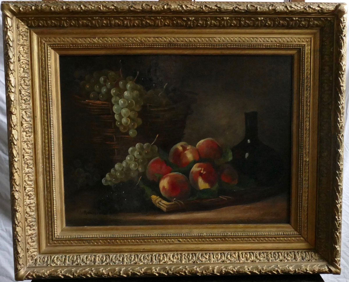 Beautiful Still Life Painting With Peaches And Grapes Signed Philippe Rousseau Around 1850