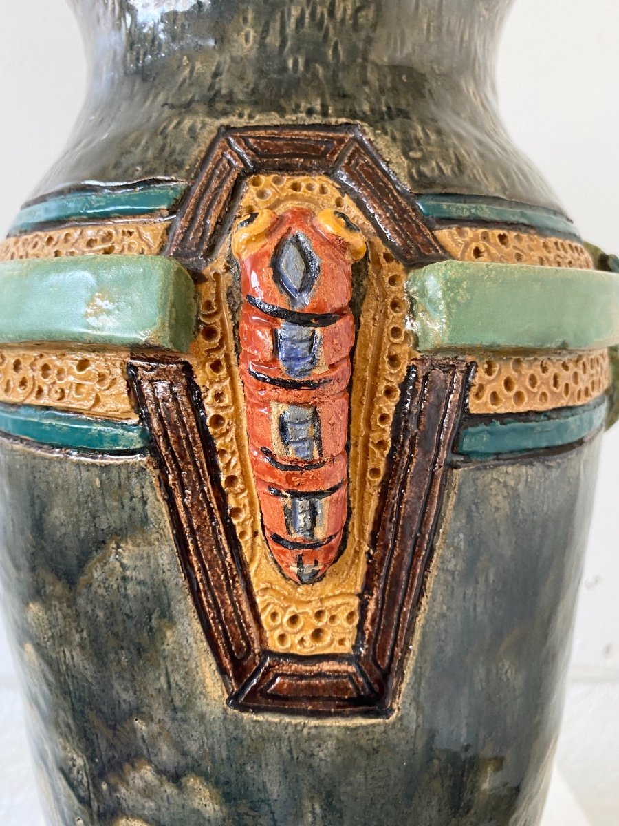 Large Ceramic Covered Vase Signed By Thomas Frey 1976 Time Snake And Insects Decor-photo-2