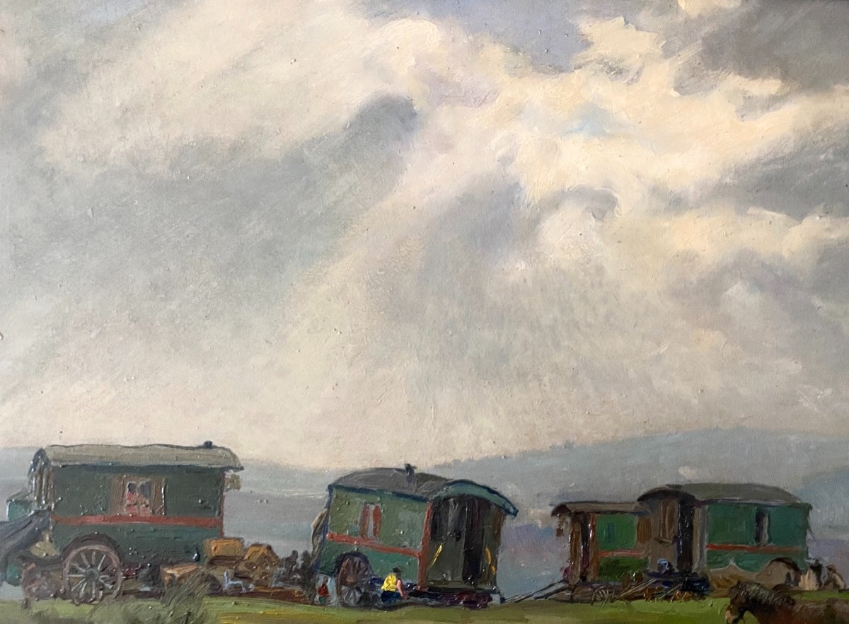 Beautiful Painting French School 1940 Representing A Gypsy Camp-photo-2