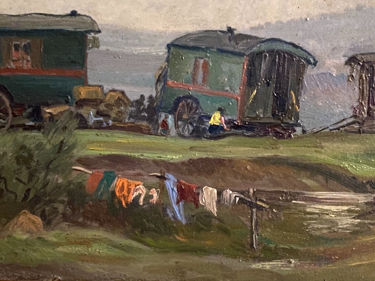 Beautiful Painting French School 1940 Representing A Gypsy Camp-photo-3