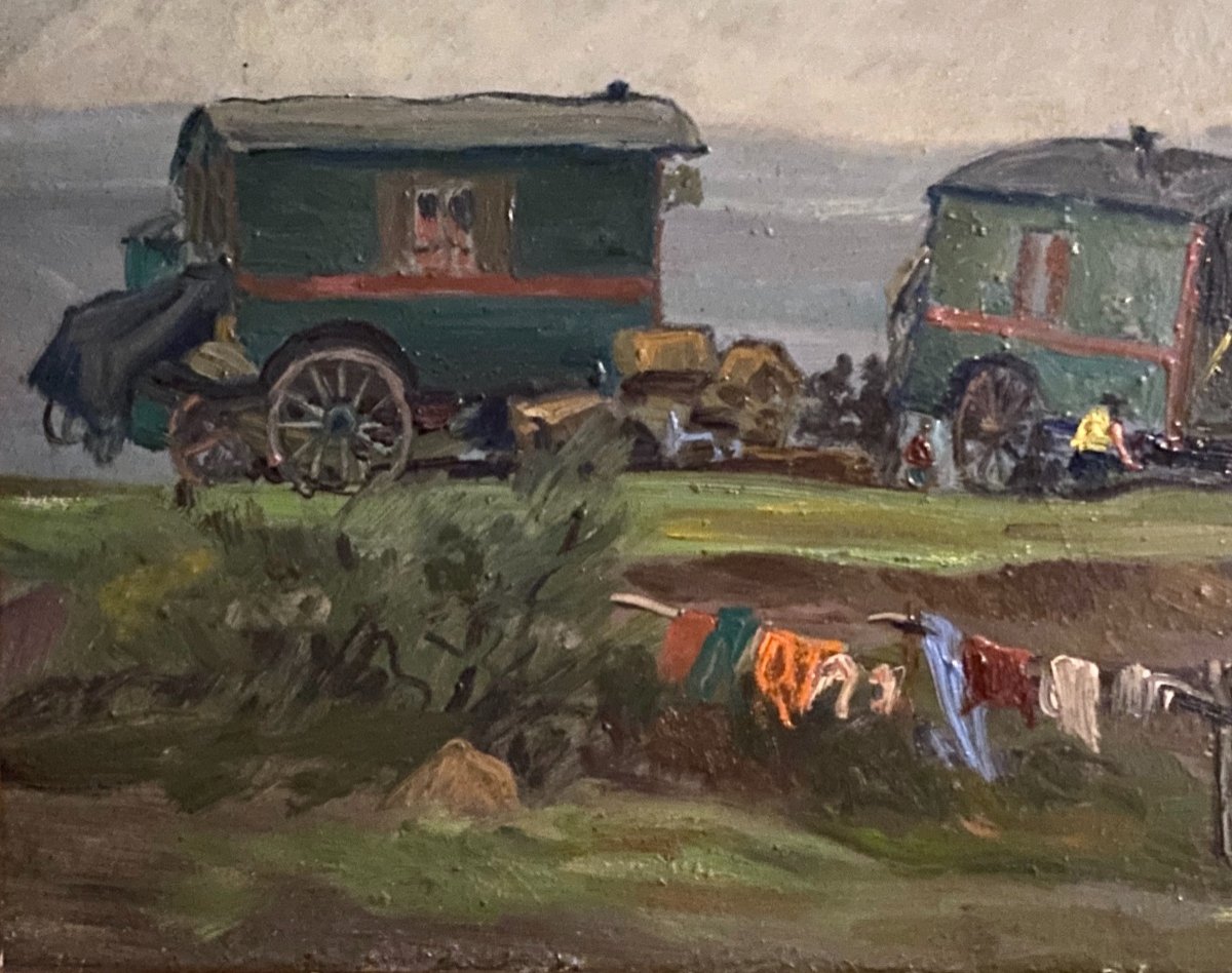 Beautiful Painting French School 1940 Representing A Gypsy Camp-photo-2