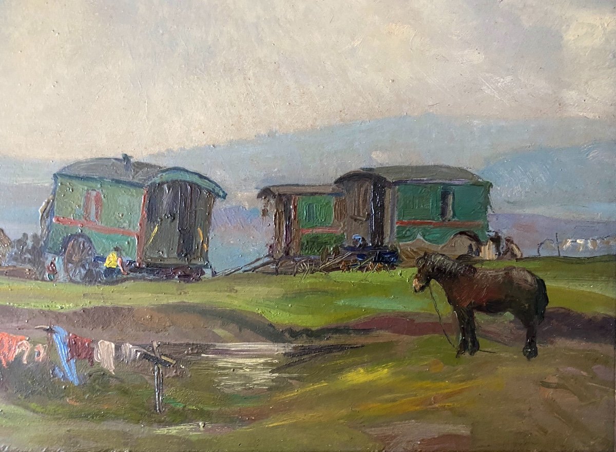 Beautiful Painting French School 1940 Representing A Gypsy Camp-photo-3