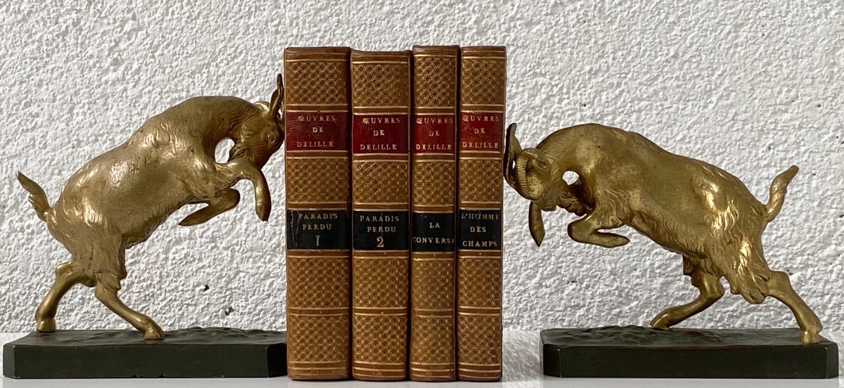 Pair Of 1930s Bookends With Ibex In Bronze With 2 Patinas