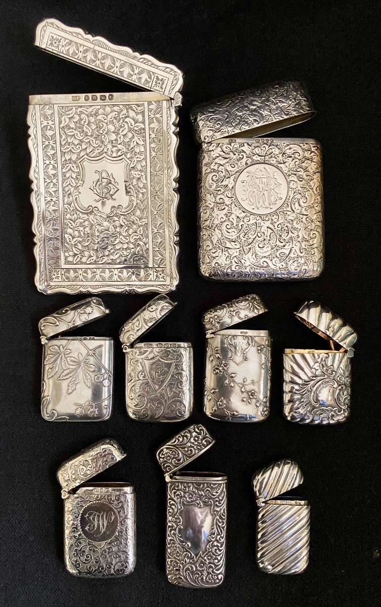 9 Sterling Silver Pyrogen Card Holders And Match Holders From London, Birmingham, France