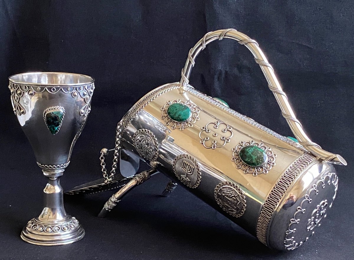 Judaica Porte-bouteille Argent Massif Avec Pierres d'Eilat Et Verre De Kiddouch Argent Massif  -photo-4