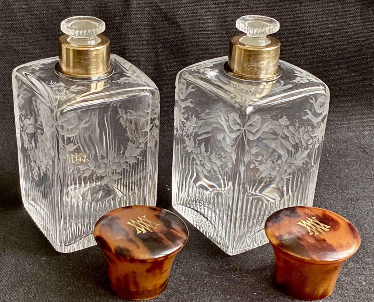 Pair Of Nineteenth Baccarat Crystal Flasks Tortoiseshell And Vermeil Frame By Louis Colin-photo-3