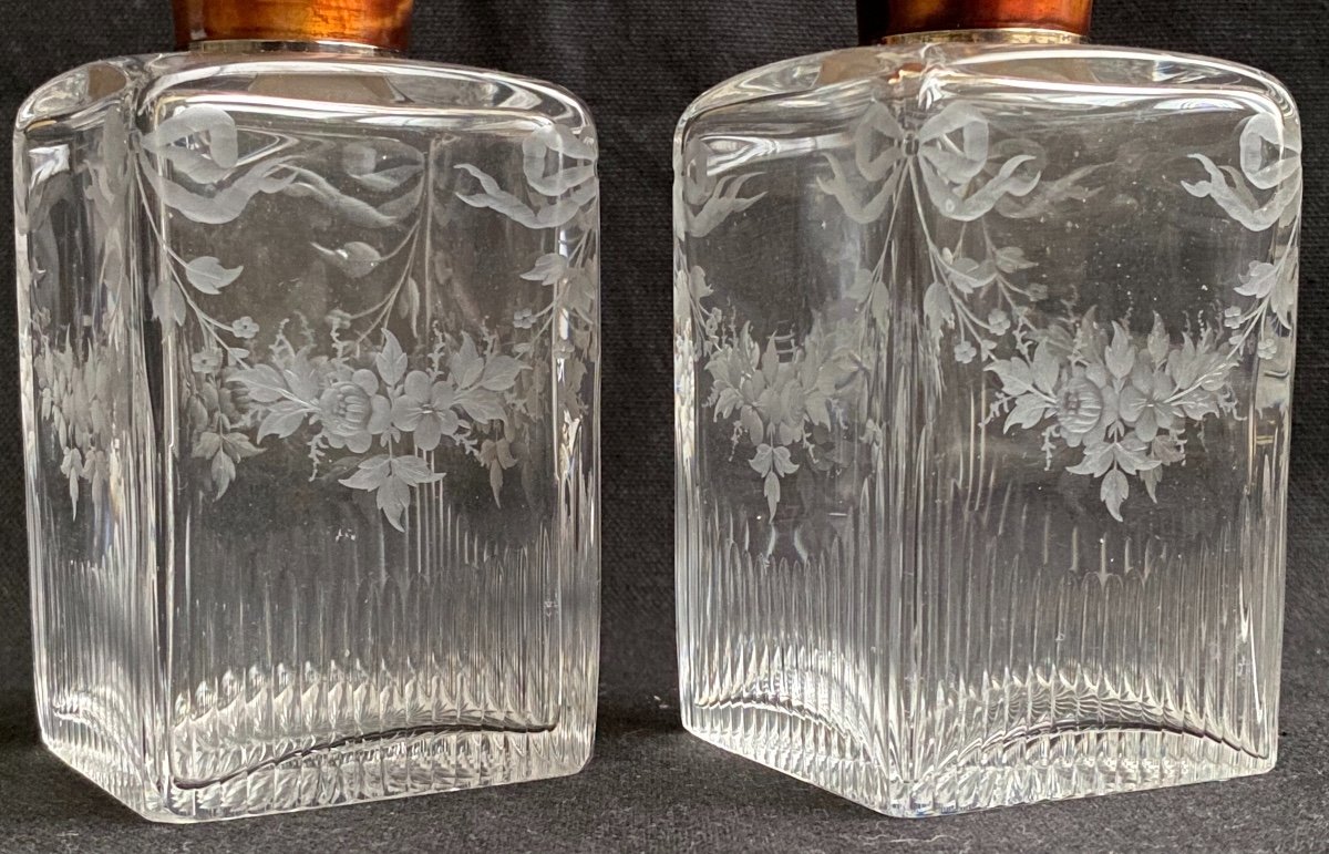 Pair Of Nineteenth Baccarat Crystal Flasks Tortoiseshell And Vermeil Frame By Louis Colin-photo-6