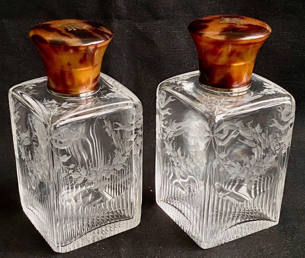 Pair Of Nineteenth Baccarat Crystal Flasks Tortoiseshell And Vermeil Frame By Louis Colin