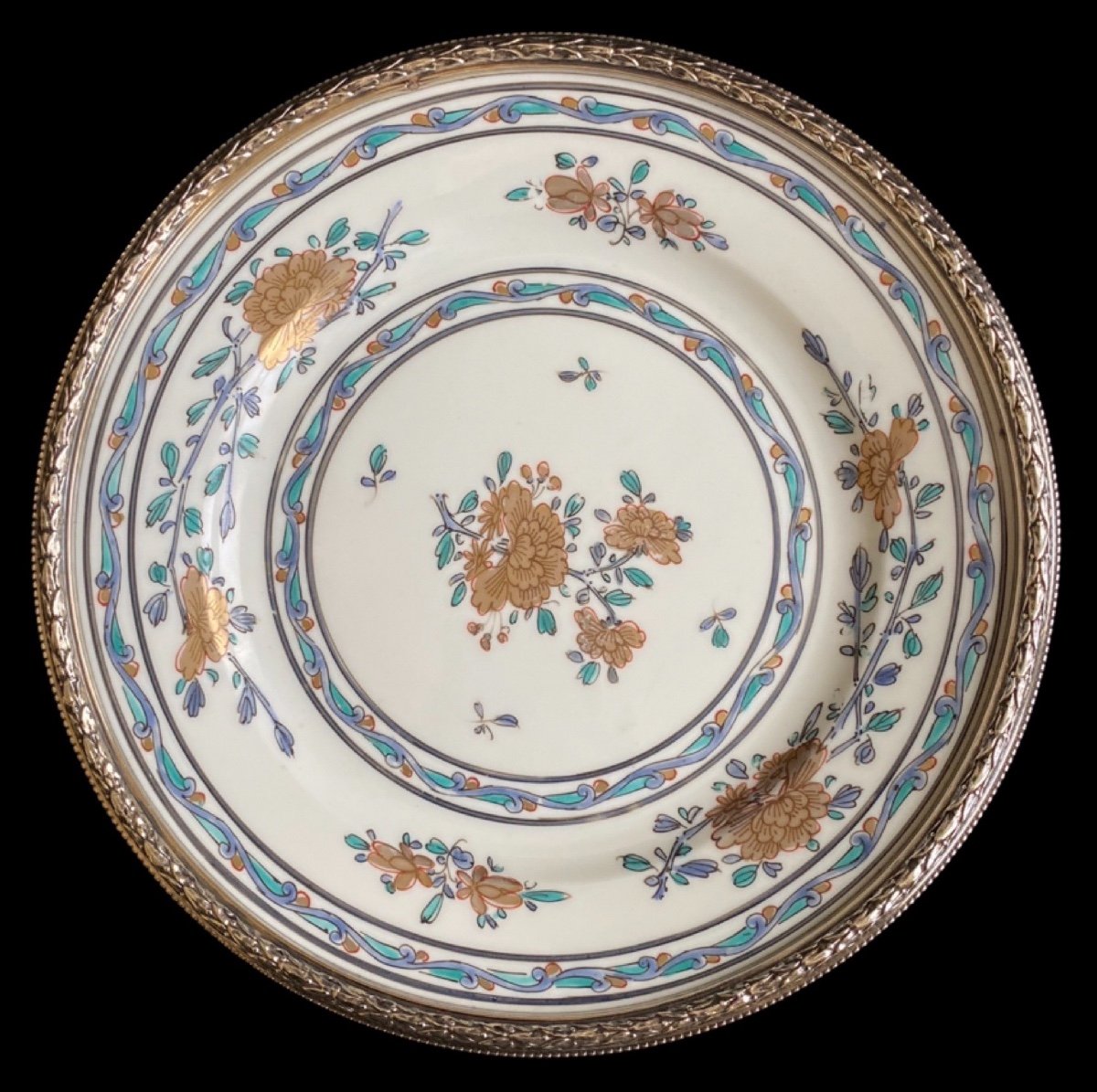 Belle Assiette Porcelaine Manufacture Samson Avec Bordure Argent Massif époque 19e Siècle