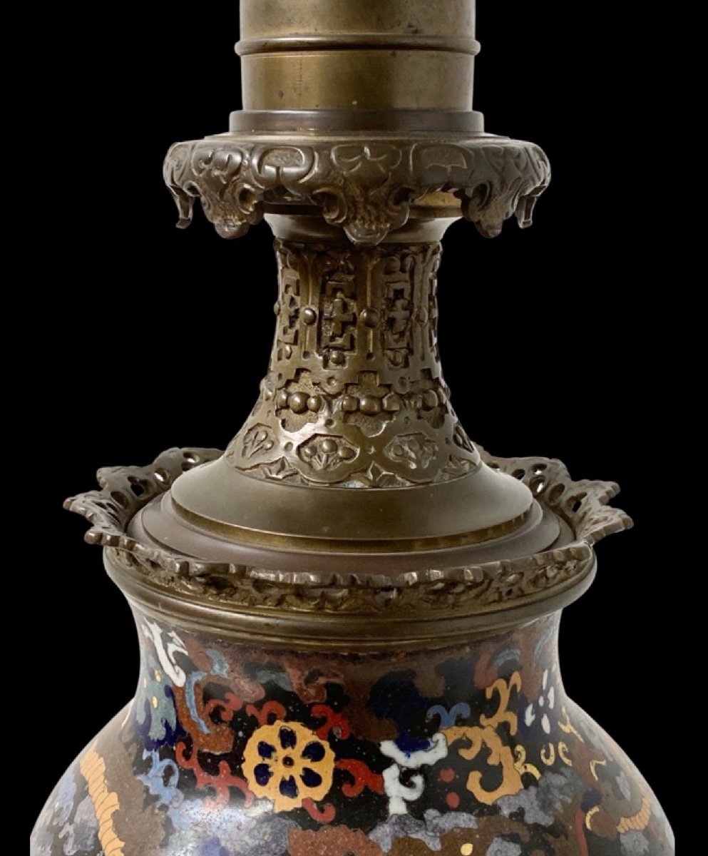 Lampe En Bronze Et Emaux Cloisonnés Du Japon époque Napoléon III-photo-4