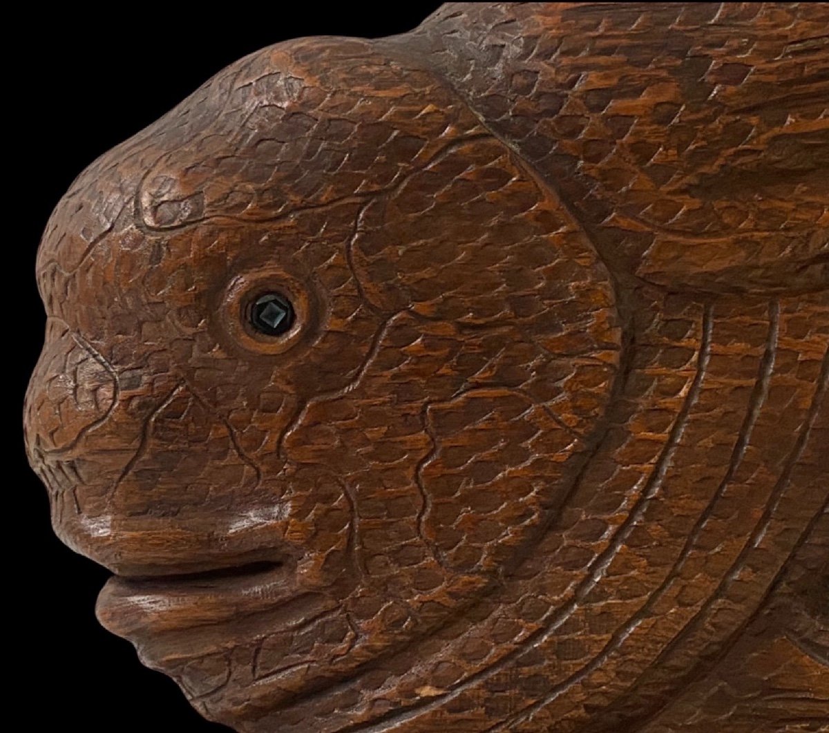 Very Large Okimono From Japan Meiji Period In Carved Wood And Glass Decorated With Koi Carp-photo-4