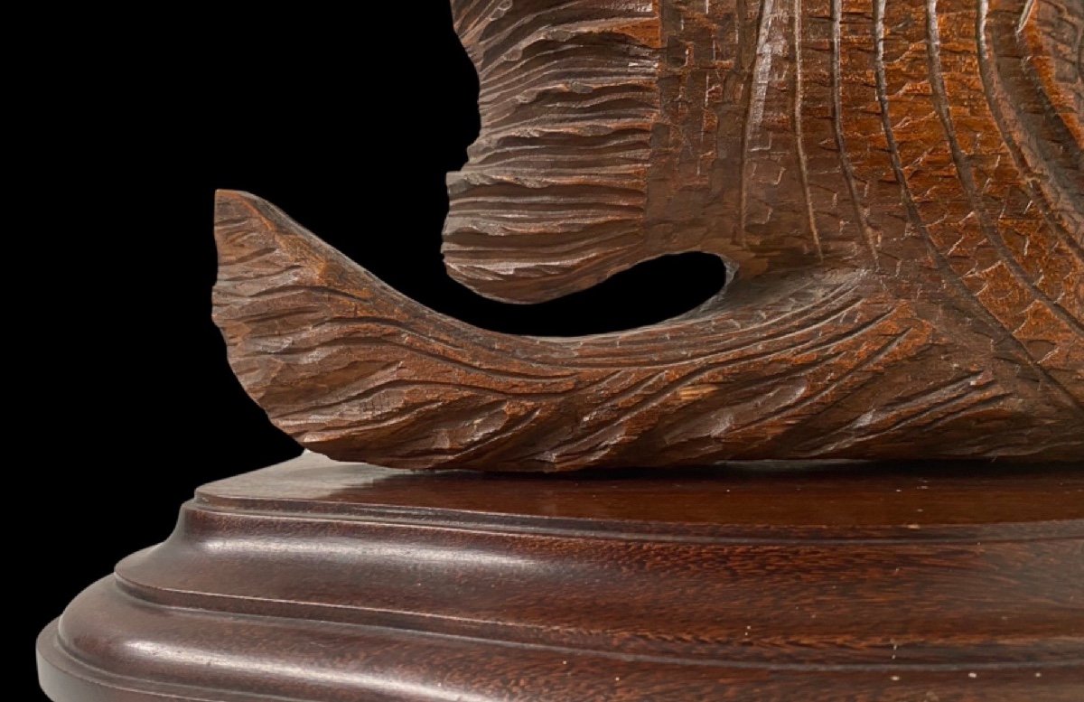 Très Grand Okimono Du Japon époque Meiji En Bois Sculpté Et Verre à Décor De Carpe Koï-photo-6