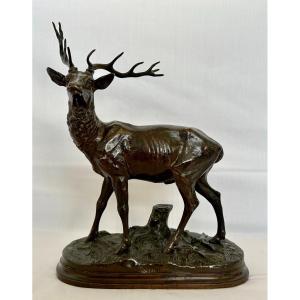 Beautiful Bronze "deer With 12 Horns" Signed By Alfred Dubucand Nineteenth Century Patina Dark Medal