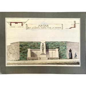 Grand Dessin Aquarelle De l'Architecte Paul Bresse Circa 1920 Pour Monument Aux Morts  d'Artas 