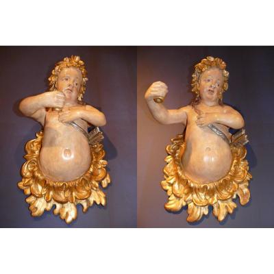 Rare Pair Of Cherub Gates-light Wood Polychrome Epoque 18th