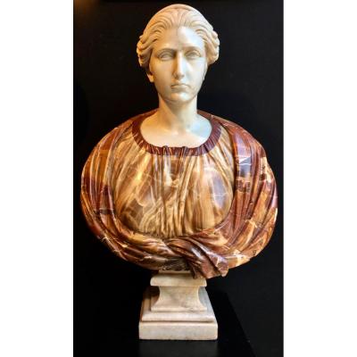 Very Beautiful And Large Roman Bust In Carrara Marble And Onyx Period Around 1900