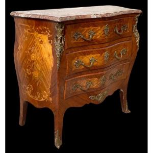 Napoleon III Period Curved Commode In Louis XV Style Marquetry