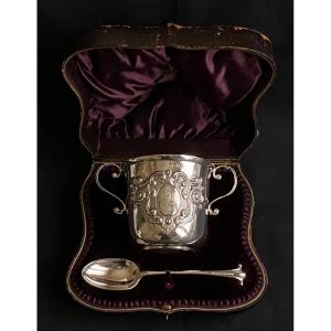 Epoque Victorienne Tasse Et Cuillère Argent Massif Orfèvre George Maudsley Jackson à Londres