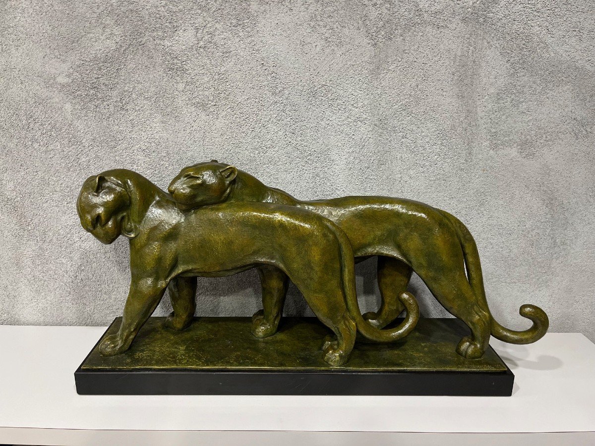 Important Bronze Par André Vincent-becquerel (1893-1981)  " Couple De Lionnes "-photo-2