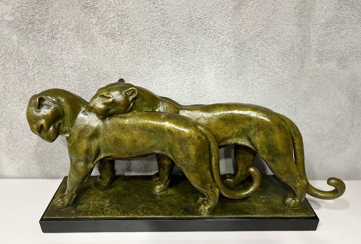 Important Bronze Par André Vincent-becquerel (1893-1981)  " Couple De Lionnes "-photo-3