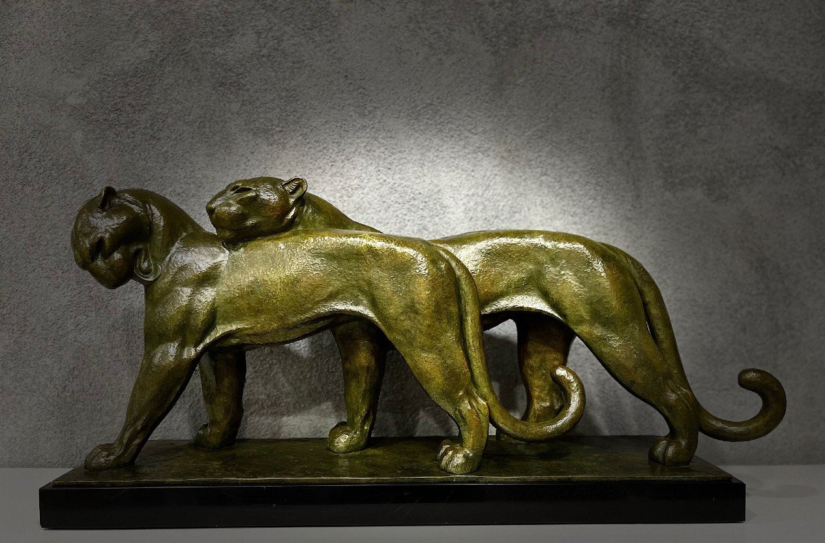 Important Bronze Par André Vincent-becquerel (1893-1981)  " Couple De Lionnes "-photo-4