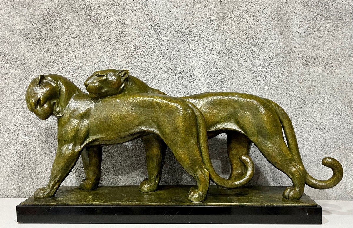 Important Bronze Par André Vincent-becquerel (1893-1981)  " Couple De Lionnes "-photo-4