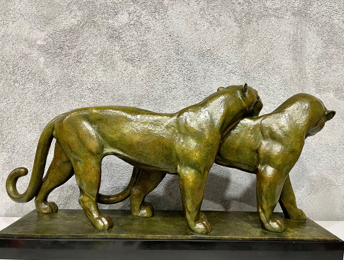 Important Bronze Par André Vincent-becquerel (1893-1981)  " Couple De Lionnes "-photo-6