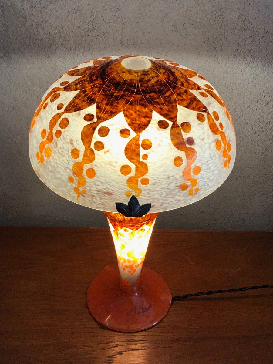 Lampe Champignon Le Verre Français Décor Dit " Rubaniers "