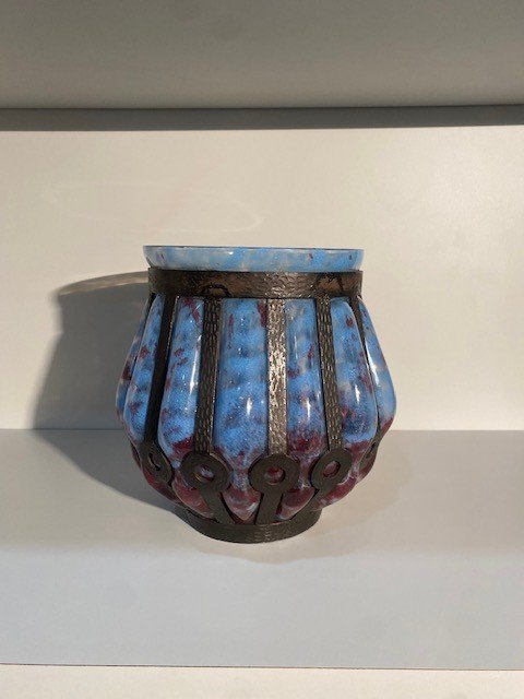 Large Daum Majorelle Art Nouveau/deco Wrought Iron Blown Vase-photo-4