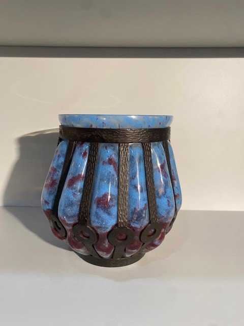 Large Daum Majorelle Art Nouveau/deco Wrought Iron Blown Vase-photo-1
