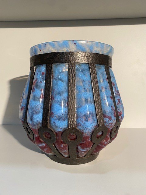 Large Daum Majorelle Art Nouveau/deco Wrought Iron Blown Vase-photo-2