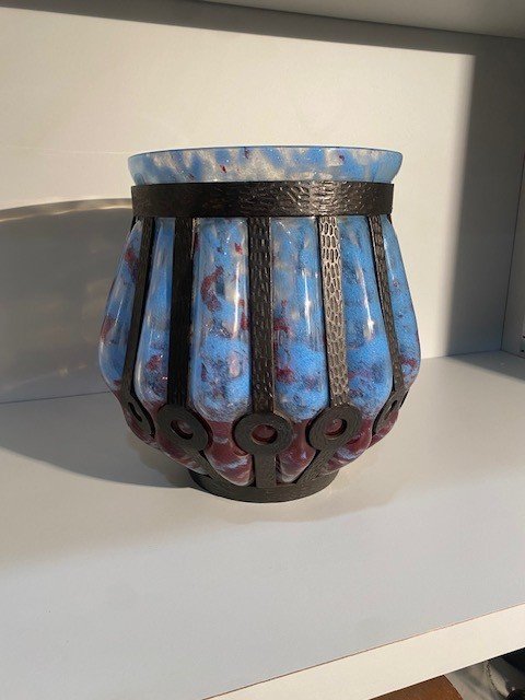 Large Daum Majorelle Art Nouveau/deco Wrought Iron Blown Vase-photo-3