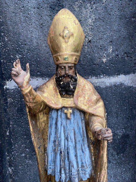 Bishop In Liturgical Vestments In Gilded And Polychrome Carved Wood From The 18th Century-photo-3