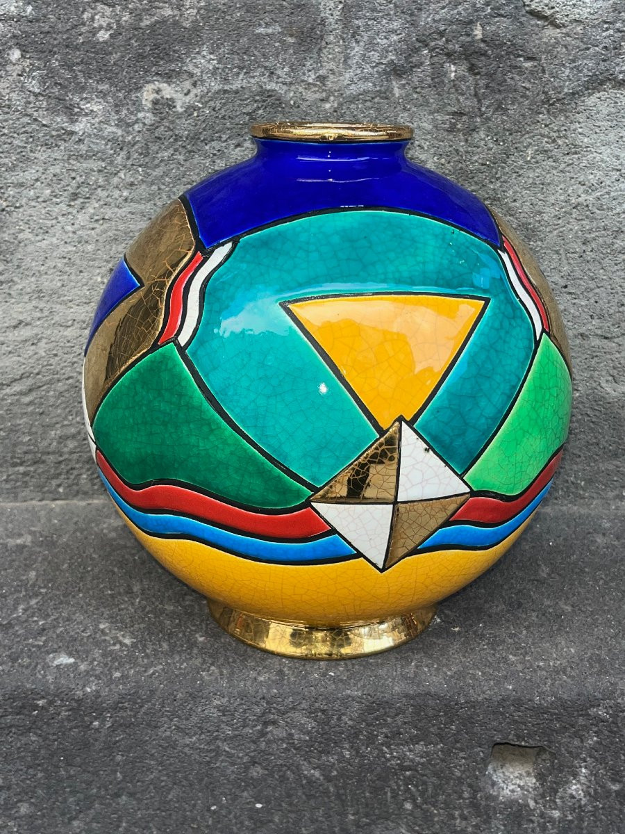 Longwy Art Deco Enamel Vase. Height 26 Cm "rio Grande"-photo-3