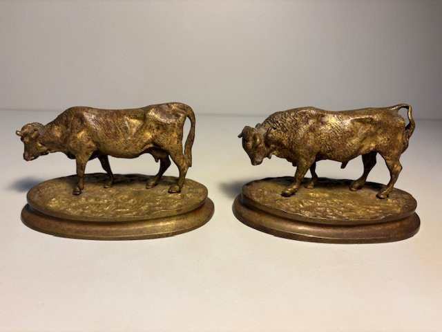 Paire de bronzes dorés Vache / Taureau-photo-1
