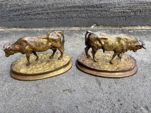 Paire de bronzes dorés Vache / Taureau-photo-7