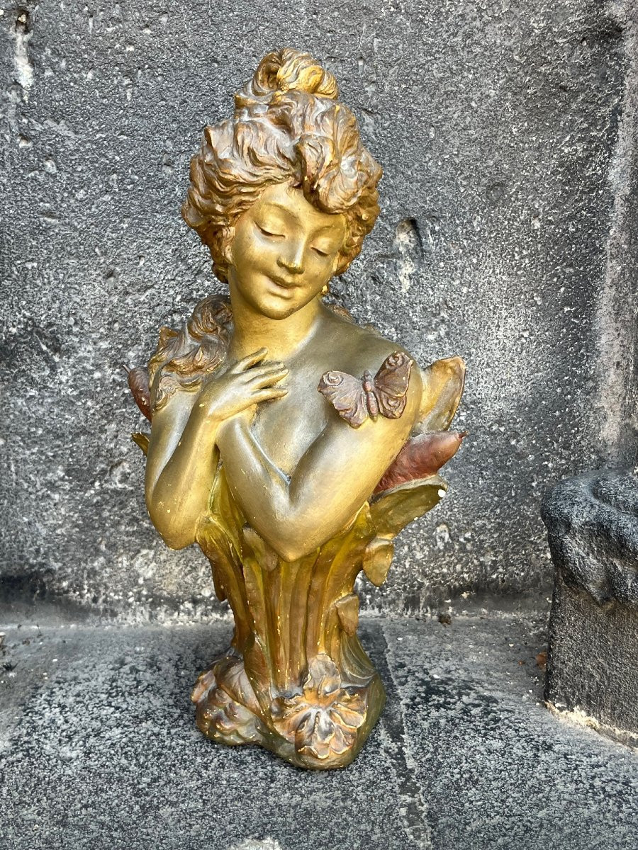 Ancien Buste de Femme en Terre Cuite signé-Art Nouveau H :43 cm-photo-4
