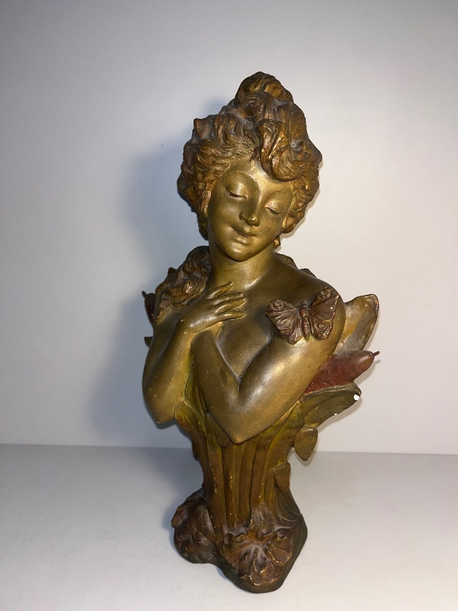 Ancien Buste de Femme en Terre Cuite signé-Art Nouveau H :43 cm-photo-6