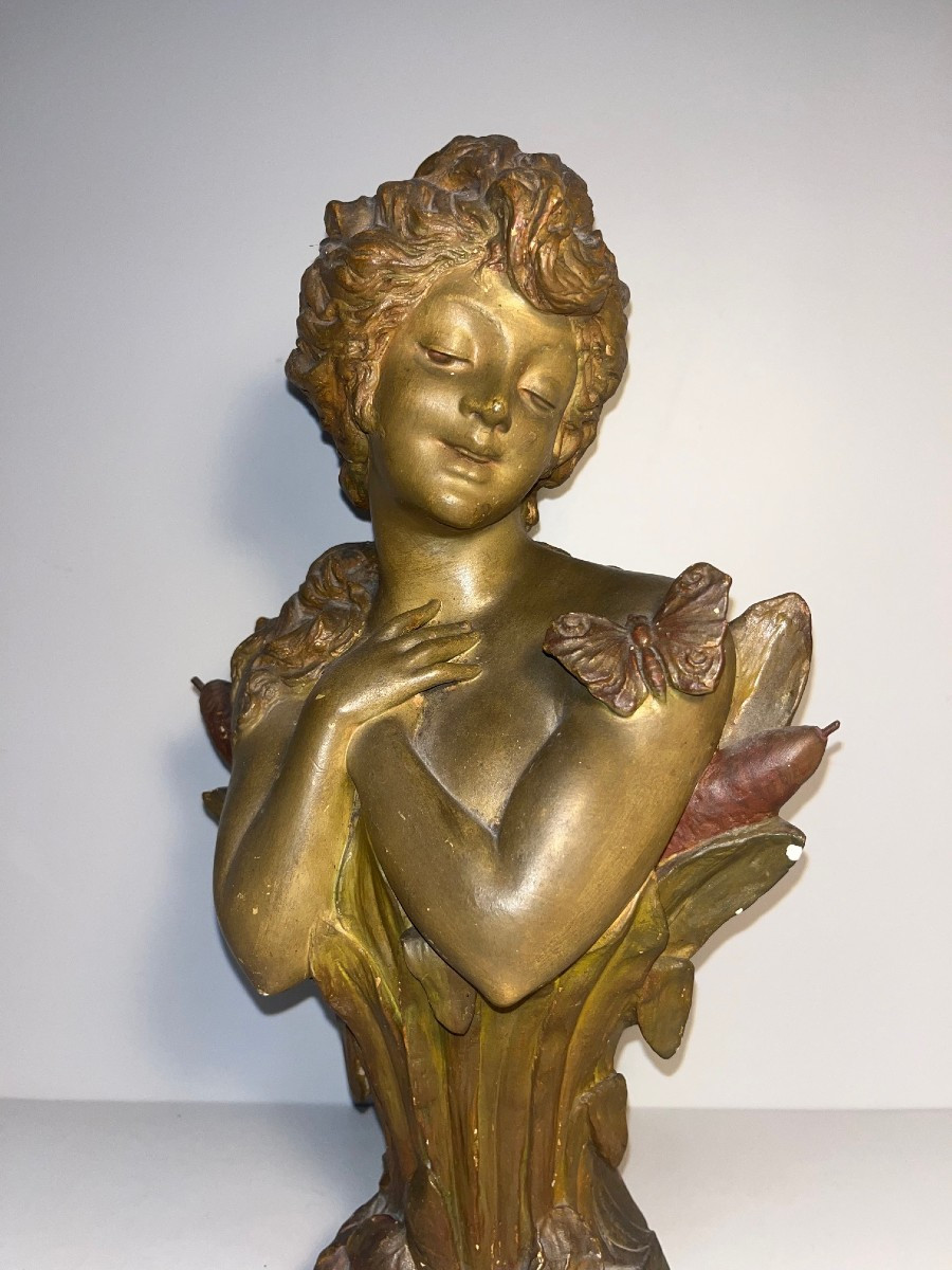 Ancien Buste de Femme en Terre Cuite signé-Art Nouveau H :43 cm