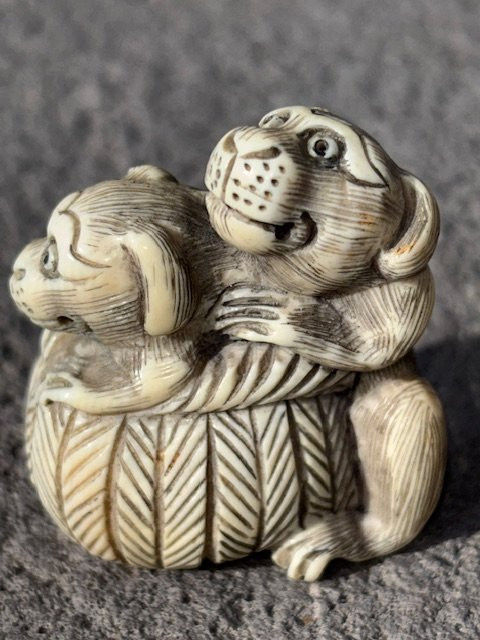 Netsuke En Ivoire représentant une paire de singes Assis-photo-2
