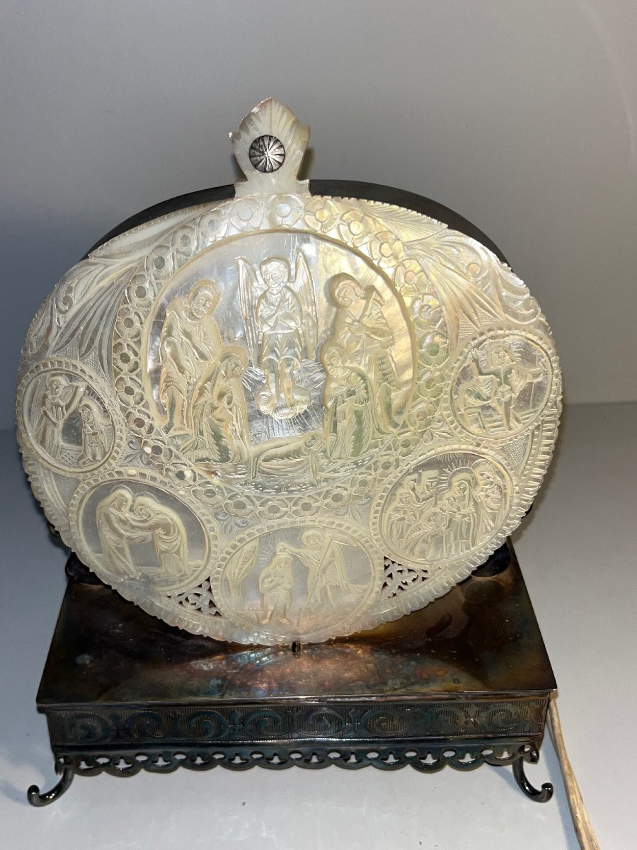 Veilleuse NACRE DE JERUSALEM COQUILLAGE SCULPTE XIXéme-photo-5